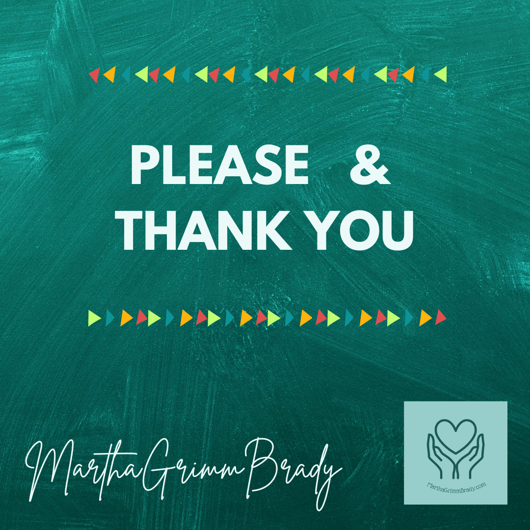 Please & thank you on textured background of dark teal. Also quilt pattern of flying geese used for trim in multicolored pattern.