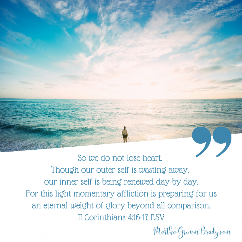 Sunny view of the ocean with II Corinthians 4:16-17 in foreground.