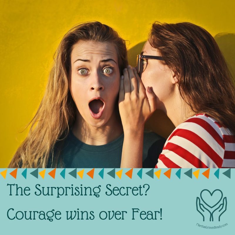 Photo of woman telling secret to surprised woman. MarthaGrimmBrady.com logo included with quilting graphics.