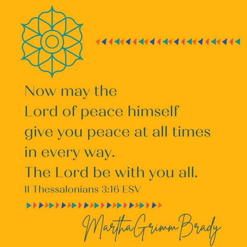 Graphic of II Thessalonians 3:16 ESV with quilting illustrations.