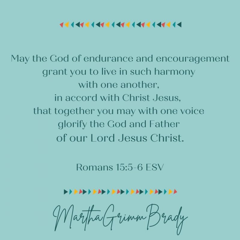 Graphic of Romans 15:5-6 ESV with quilting illustrations.