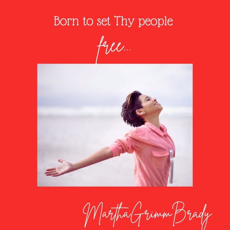 Red background with white manuscript that says "Born to set thy people free." Also a woman on the beach with her arms open widened running with a look of freedom.