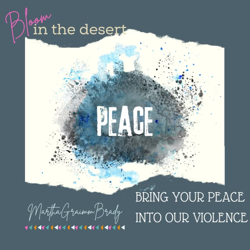graphic of black/blue/gray mess with white words of peace written in the middle.