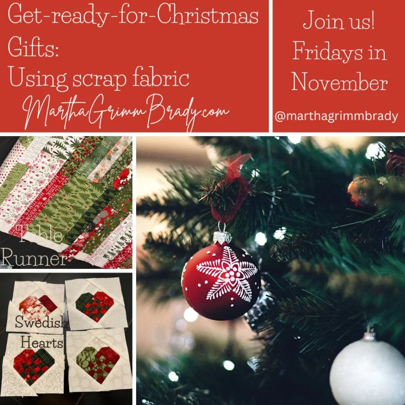 Photo of Christmas tree with two photos of quilt blocks with red background.