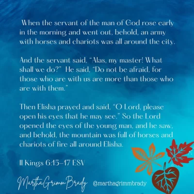 Bible verses printed on mottled blue background with fall leaves in right lower corner.