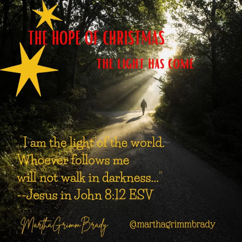 Photo of person walking on dark road with light streaming in. John 8:12 superimposed on the photo.