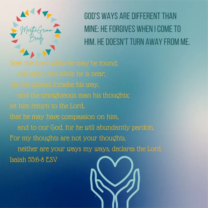 Bible verse on variegated blue background. Isaiah 55:6-8 ESV.