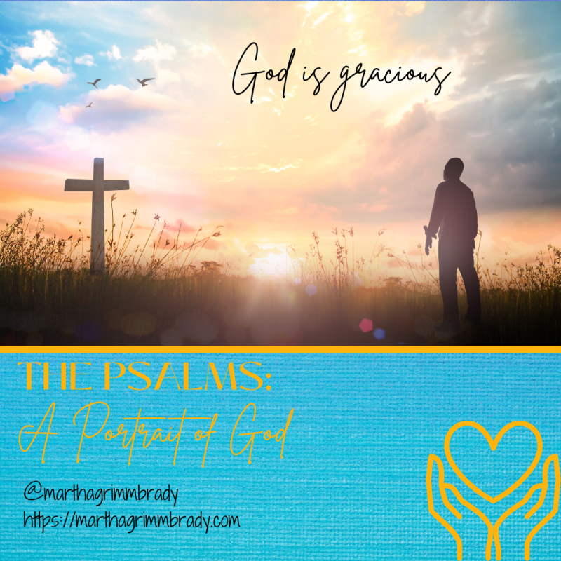 Photo of person facing a cross with sunset in background. God is gracious is written at the top of page.