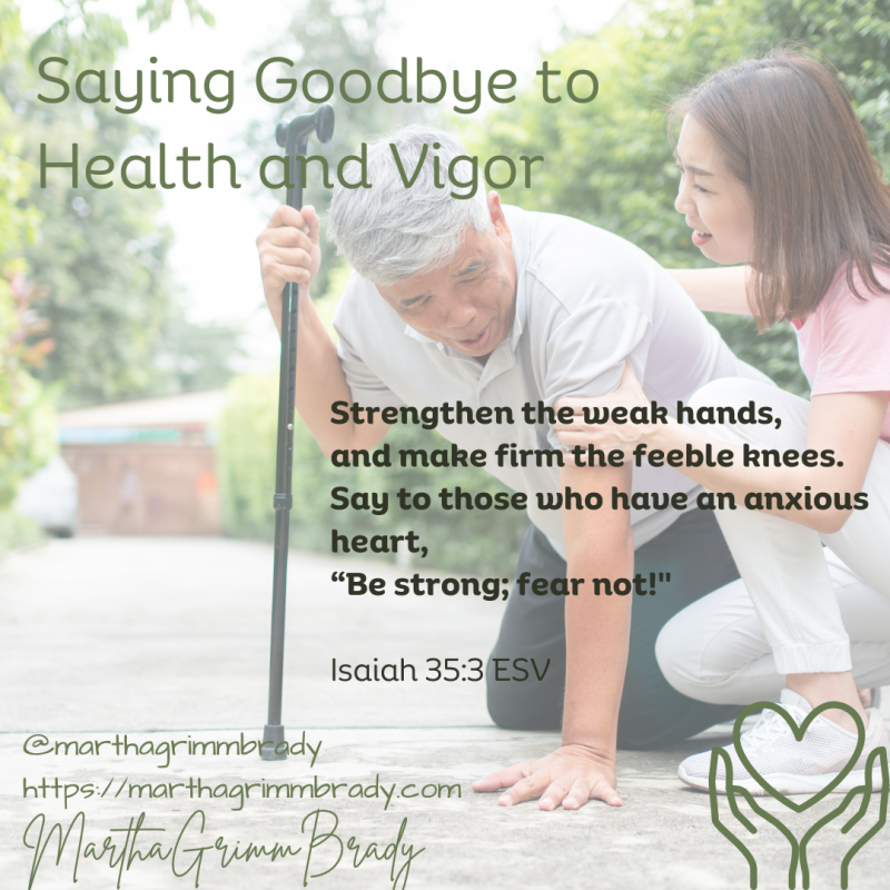 Photo of man with cane who has fallen, being assisted by family member. #goodbyehealth #imissmyhealth