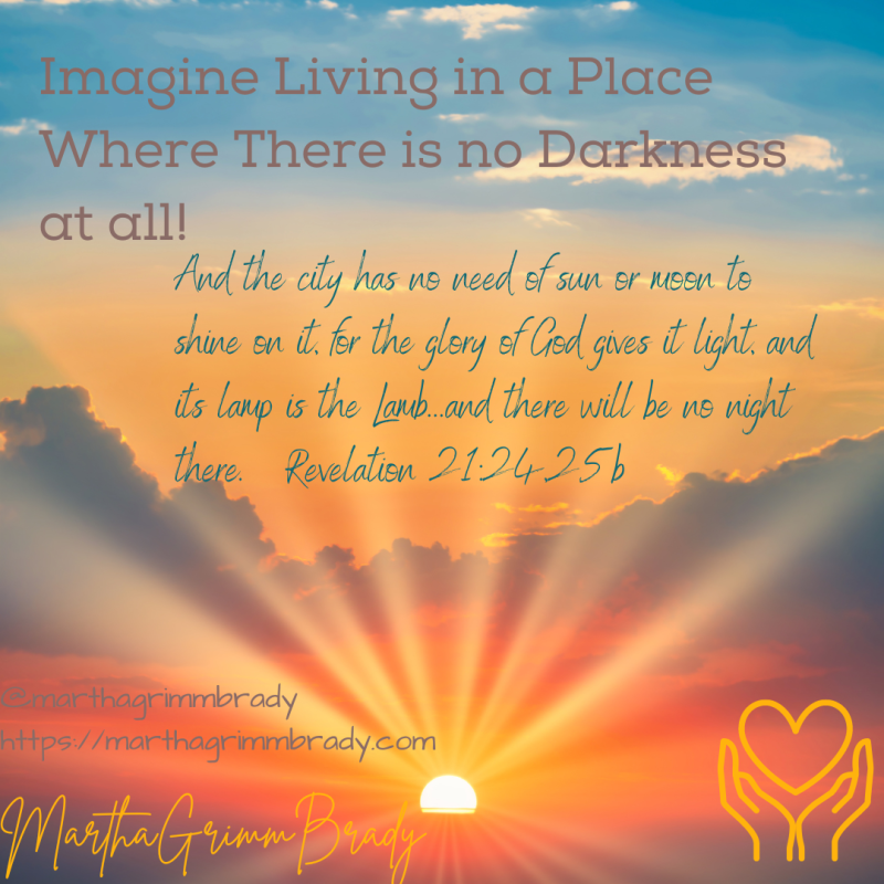 Photo of sunrise with mountains and water. foreground is verse from Revelation 21:24,25b