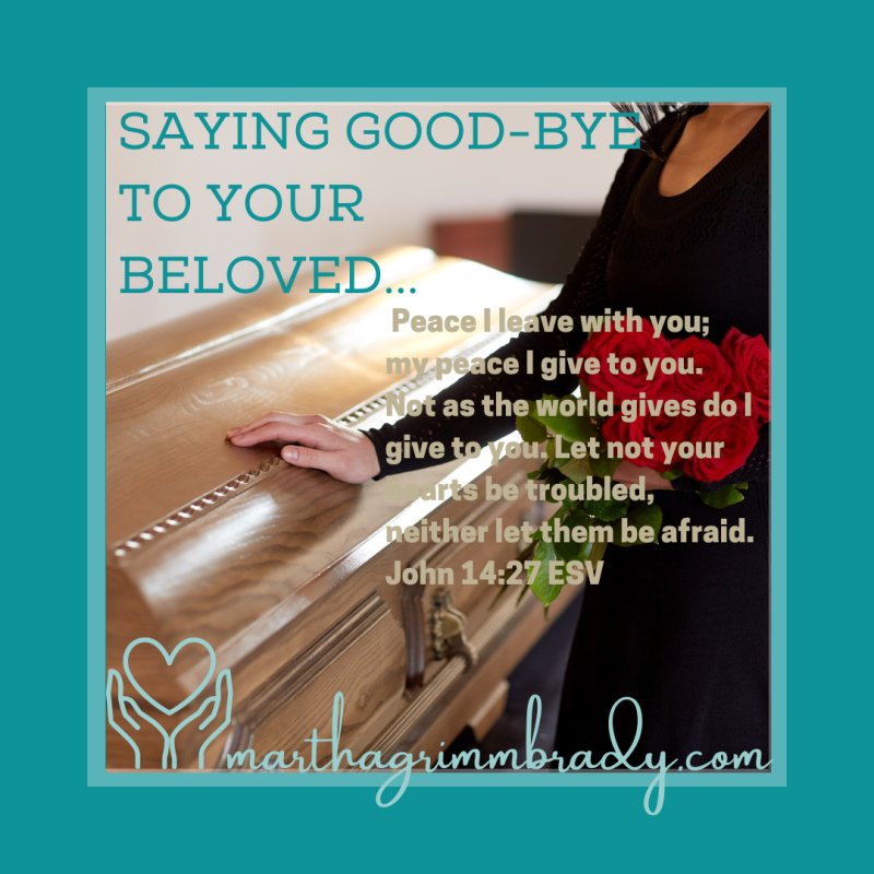 Photo of widow with on husband's coffin and flowers in hand. foreground has John 14:27 on it.