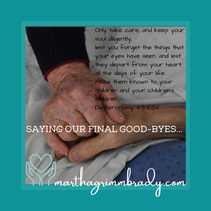 husband holding hand of dying wife as he says his final good-bye to her. foreground is Deuteronomy 4:9.