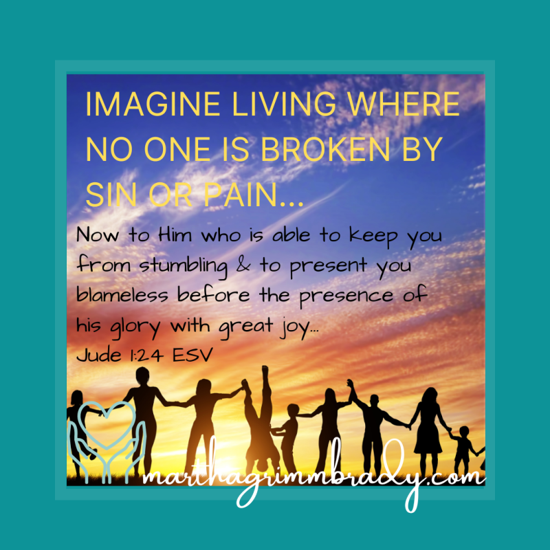 Photo of people standing hand in hand in front of sunrise. foreground has Jude 1:24 written on it.