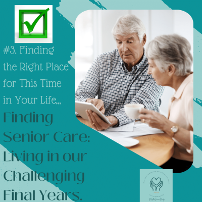 Background color is 2 shades of teal. Larger photo on right is a couple working together to solve a problem. Top left is a green check mark that symbolizes finding the right place at the right time.