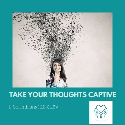 photo of woman with many, many thoughts filling her mind on white background in dark teal frame.